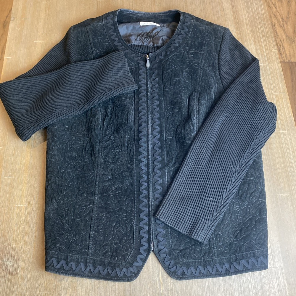 Peter Nygard 2X Black Jacket Leather Suede  Knit Sleeves/Back Full‎ Zip READ